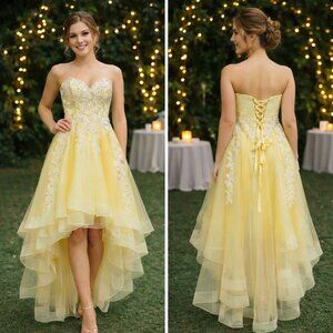 Camille Yellow Tiered Prom Dress Sz 0 Sequin Strapless High Low Hem Lace up Back